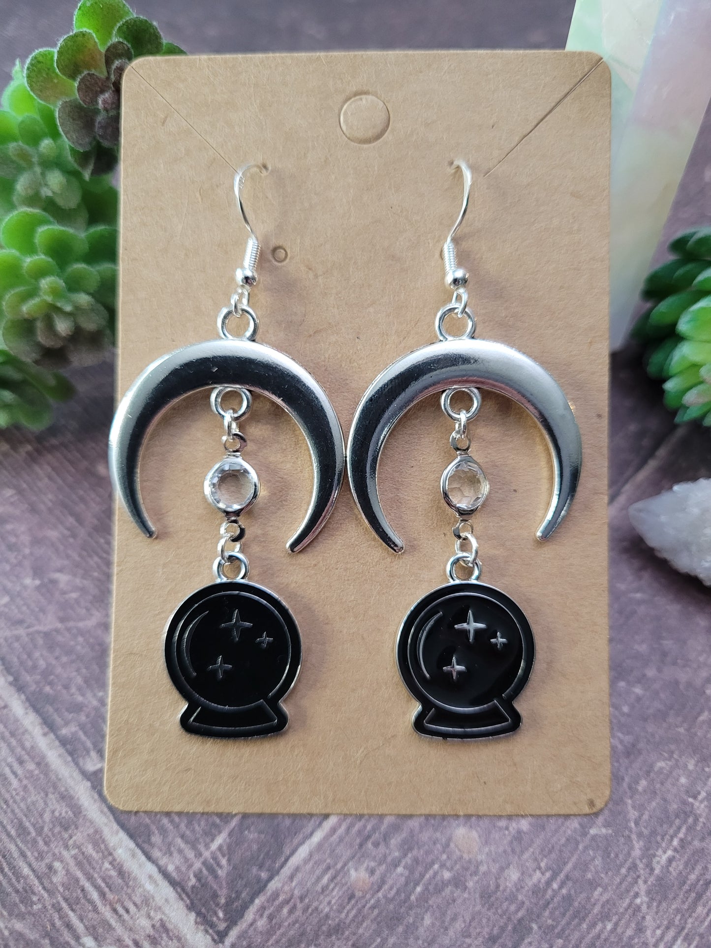 Crystal Ball and Crescent Moon Earrings