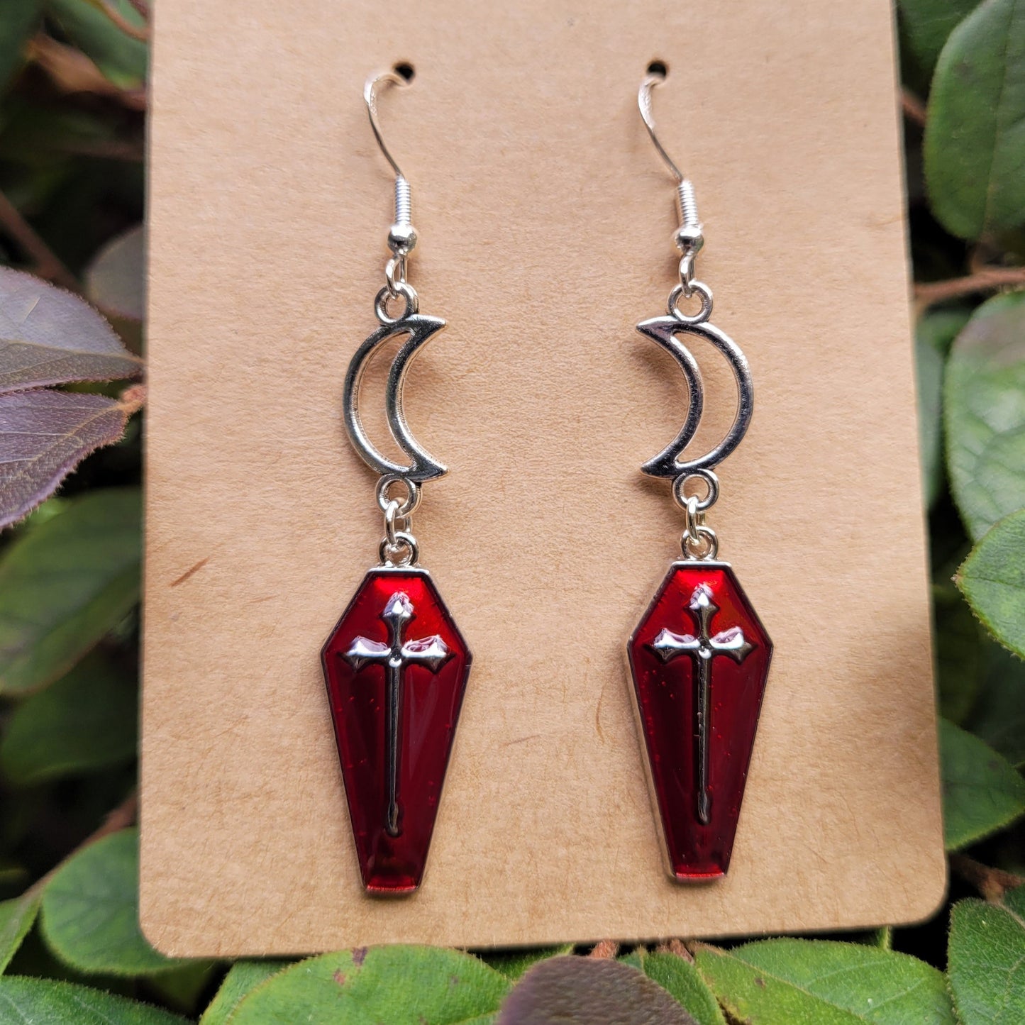 Red Coffin with Silver Details and Moons Earrings