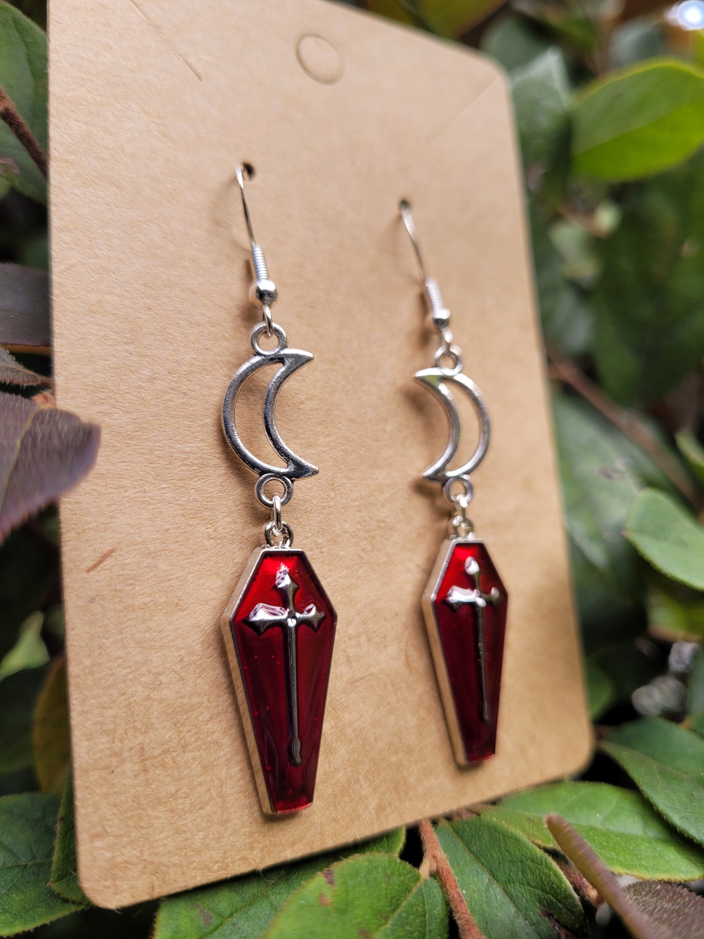 Red Coffin with Silver Details and Moons Earrings