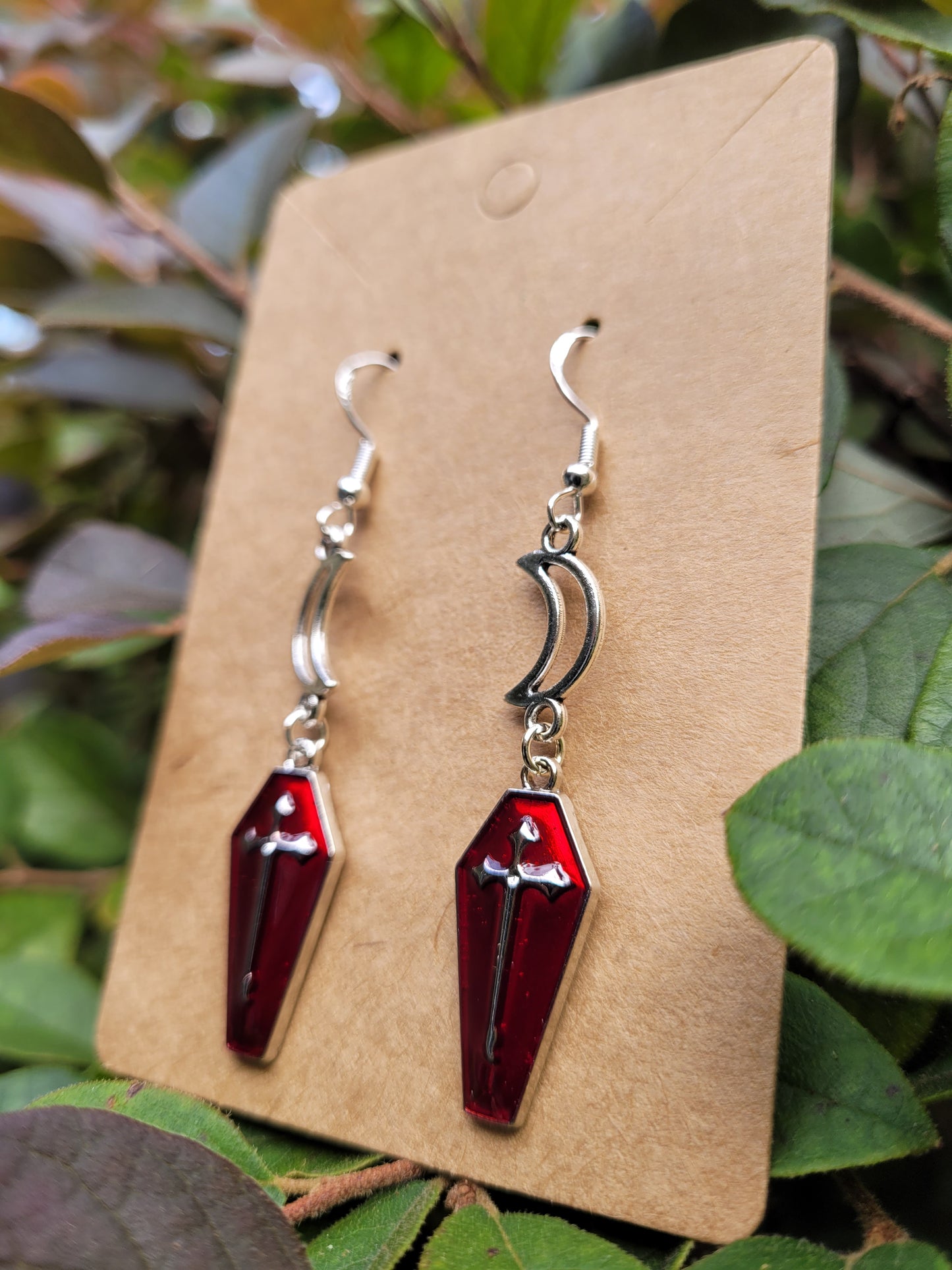 Red Coffin with Silver Details and Moons Earrings