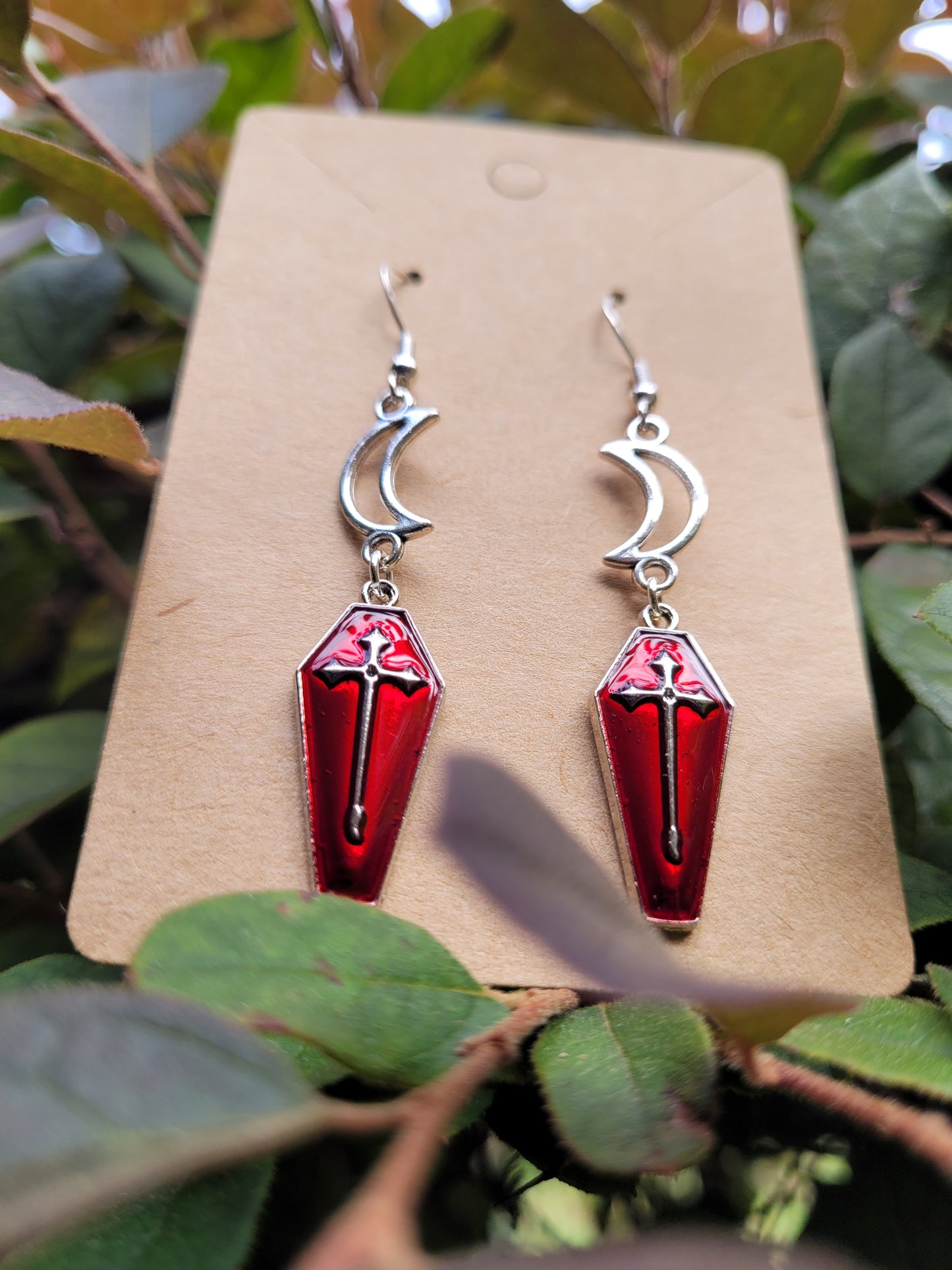 Red Coffin with Silver Details and Moons Earrings