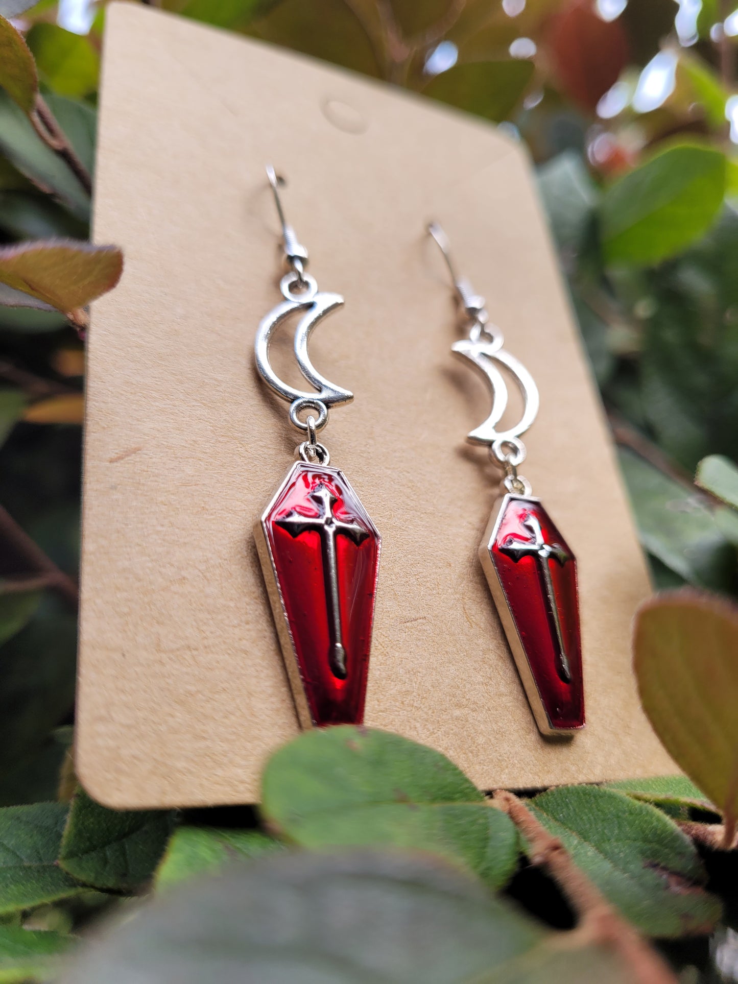 Red Coffin with Silver Details and Moons Earrings