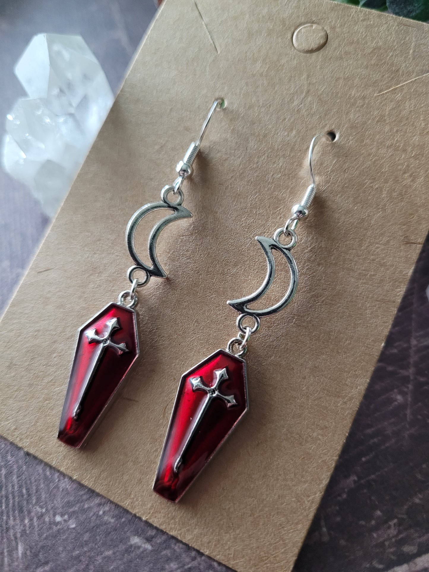 Red Coffin with Silver Details and Moons Earrings