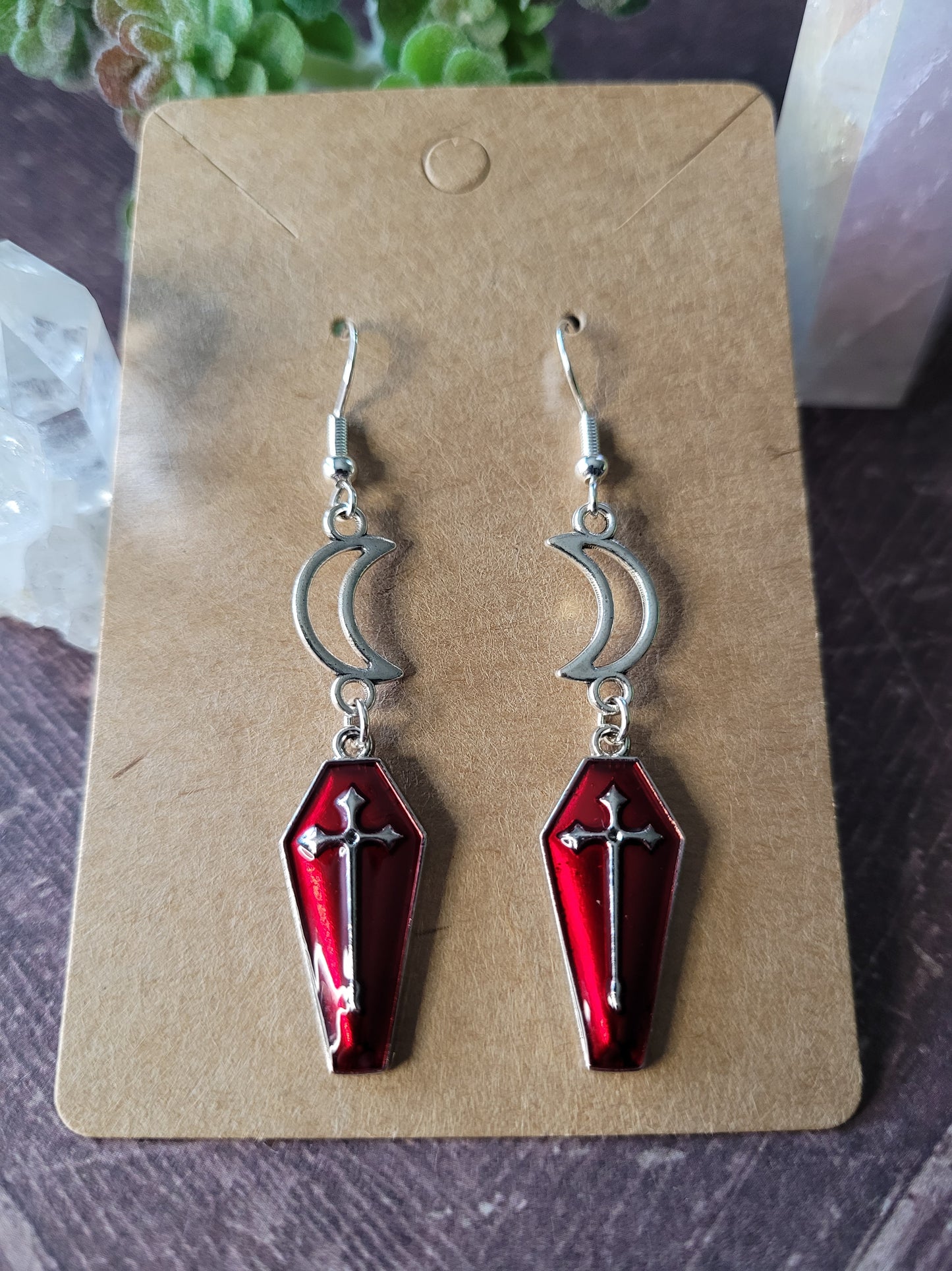 Red Coffin with Silver Details and Moons Earrings