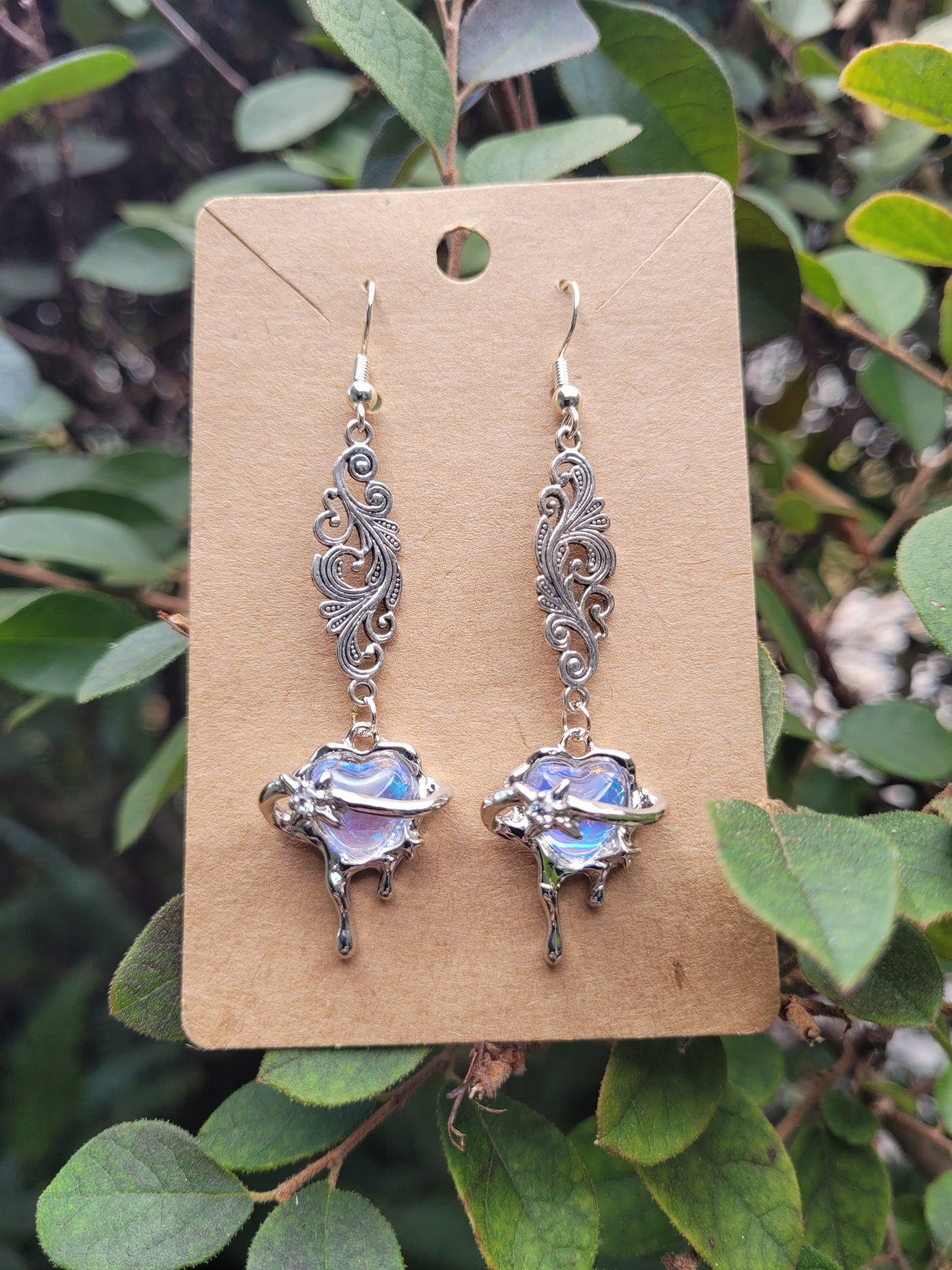 Iridescent Heart and Filigree Earrings