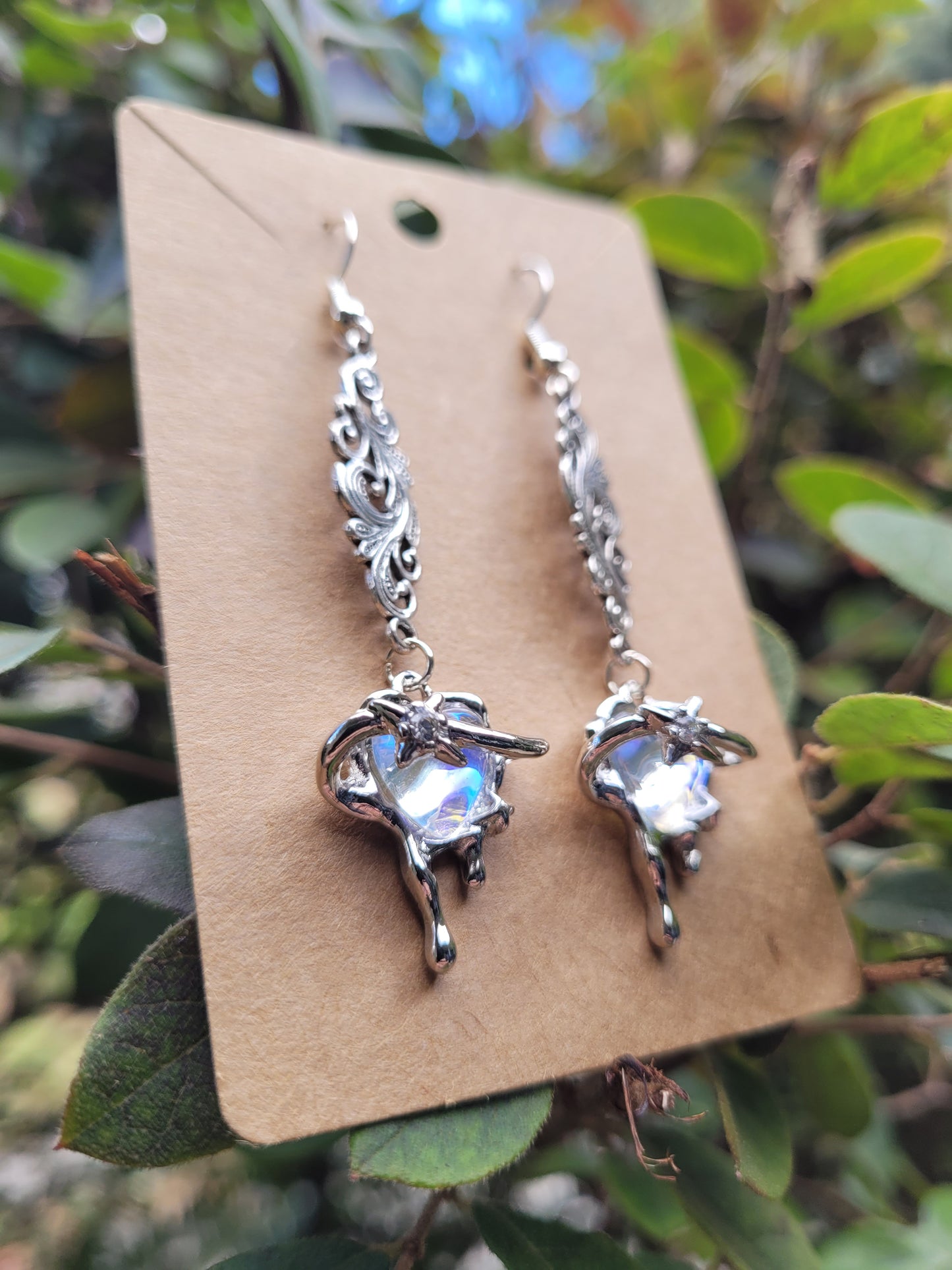 Iridescent Heart and Filigree Earrings