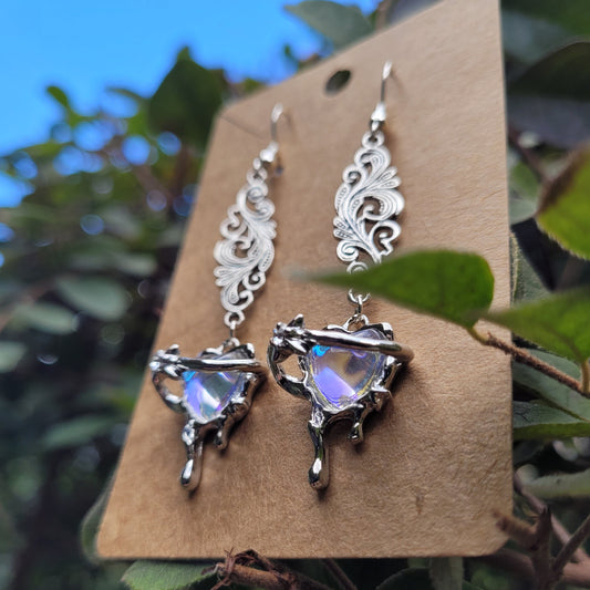 Iridescent Heart and Filigree Earrings