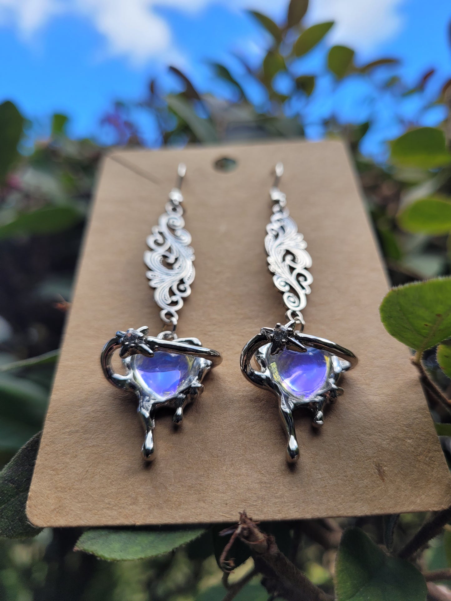 Iridescent Heart and Filigree Earrings