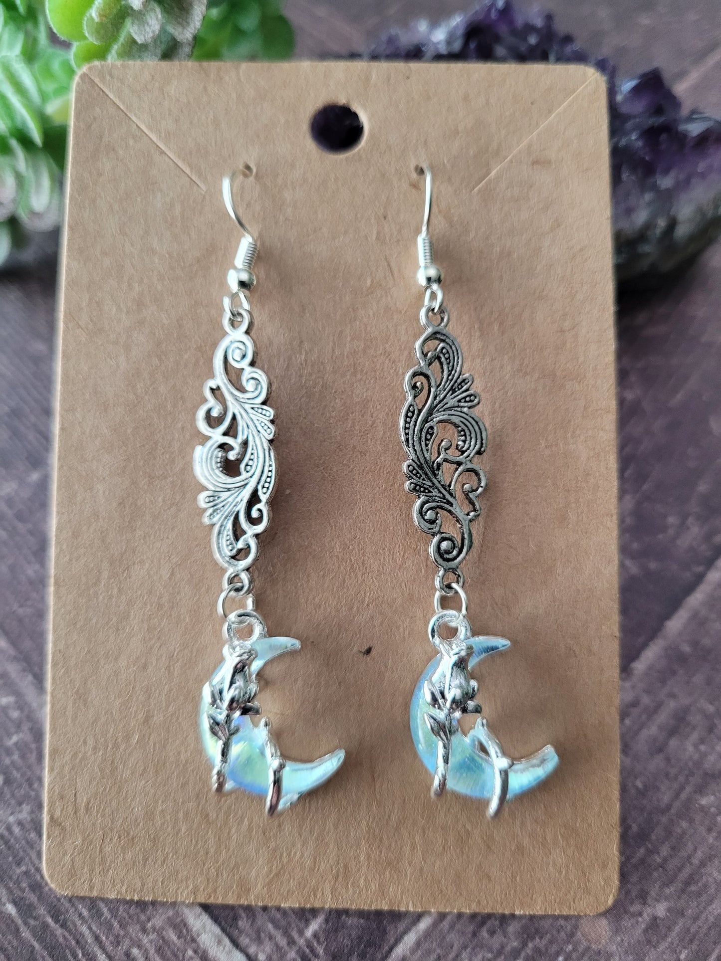 Crescent Moon and Rose Earrings