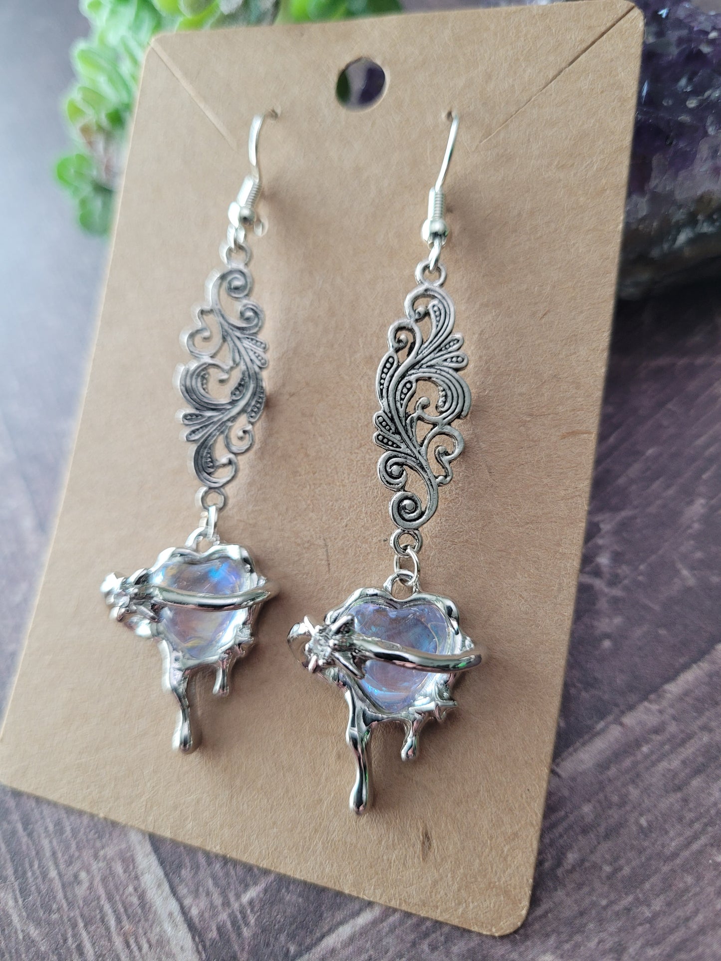 Iridescent Heart and Filigree Earrings