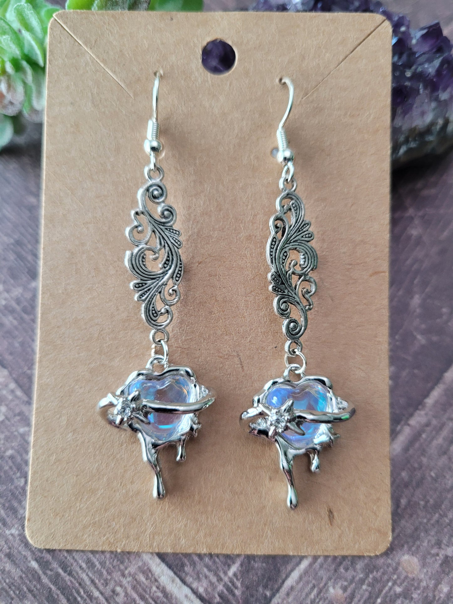 Iridescent Heart and Filigree Earrings