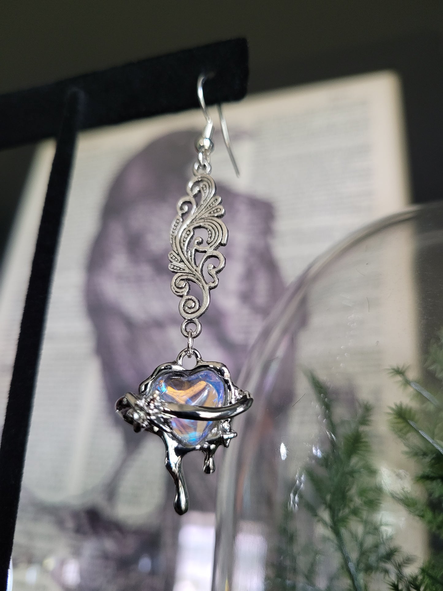 Iridescent Heart and Filigree Earrings