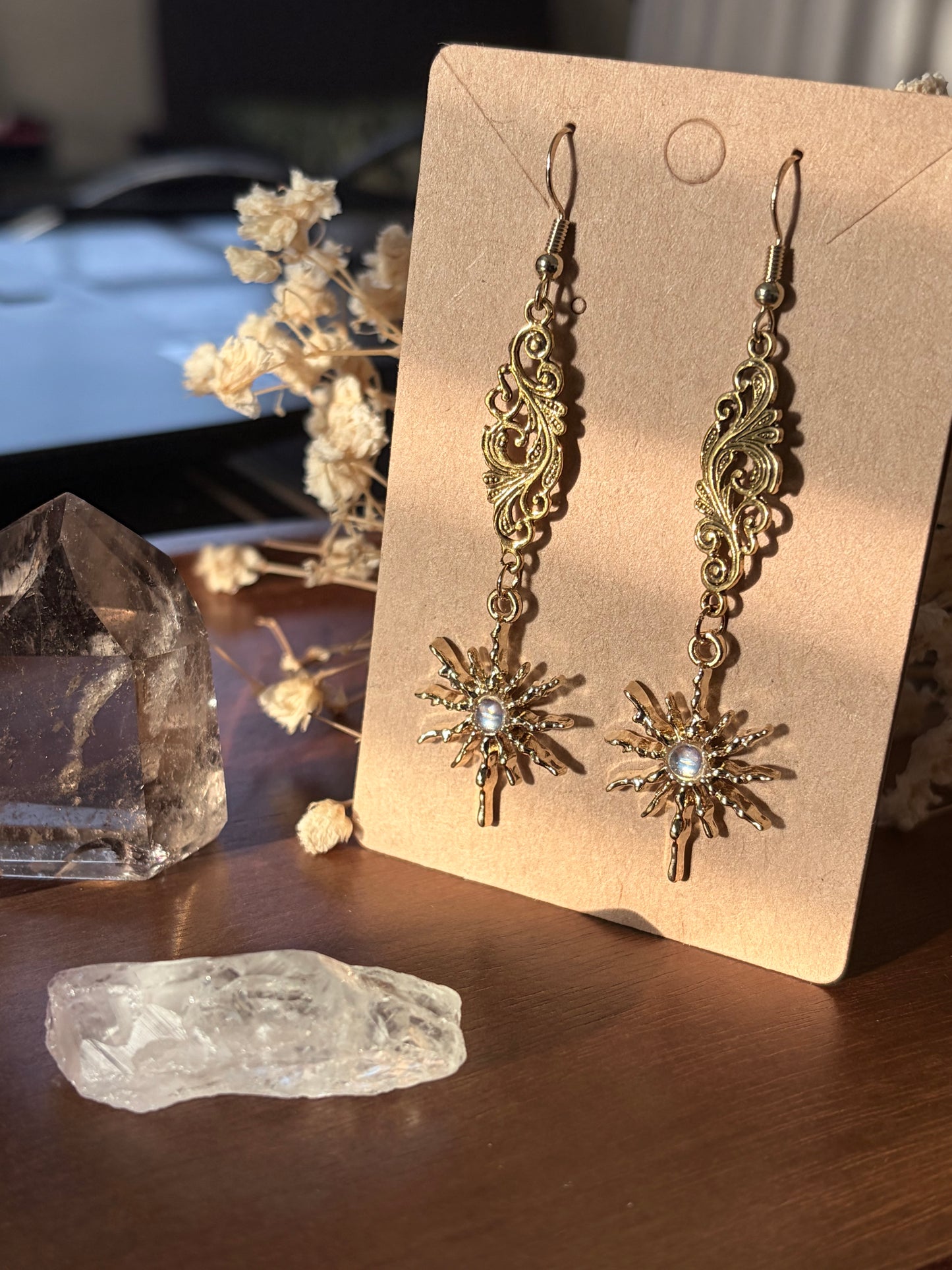 Gilded Starlight Celestial Earrings | Gold Filigree Starburst Jewelry