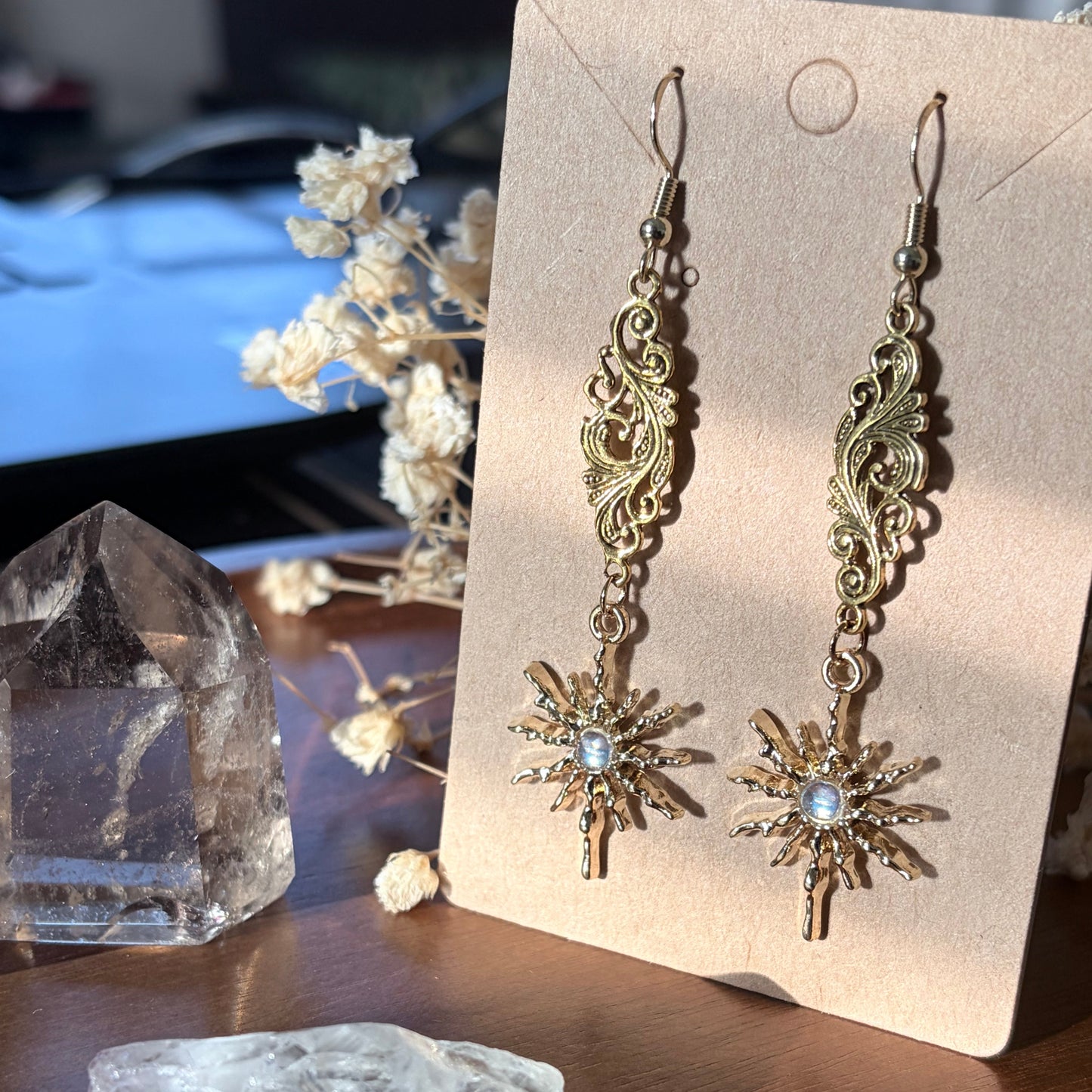 Gilded Starlight Celestial Earrings | Gold Filigree Starburst Jewelry