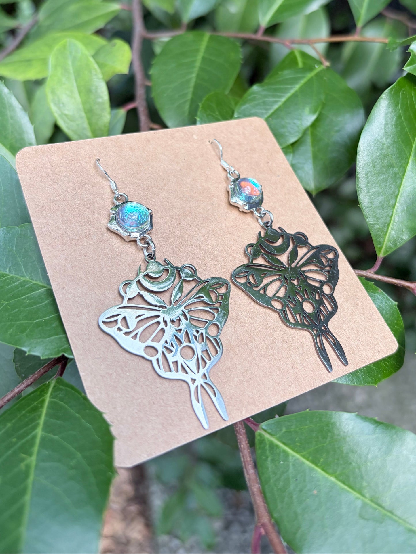 Captured Moonlight | One-of-a-Kind Iridescent Moth Statement Earrings