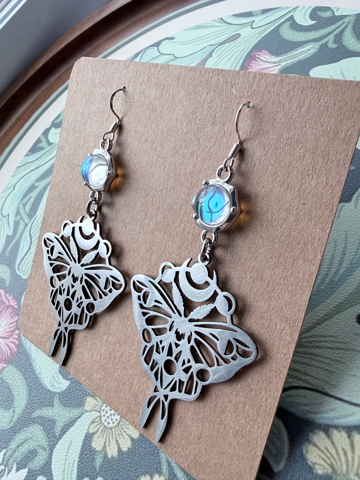 Captured Moonlight | One-of-a-Kind Iridescent Moth Statement Earrings