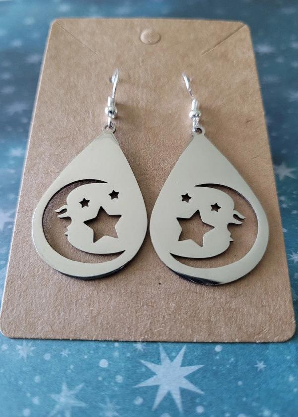 Crescent Moon & Stars Teardrop Earrings